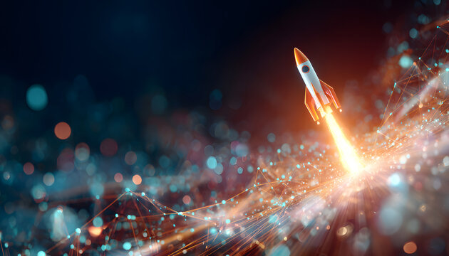 Digital rocket launch signifies rapid business growth with upward trending arrows. Abstract tech background with connected dots, lines creates futuristic concept for success. Boosting development