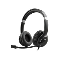 A modern black over ear headset with an adjustable microphone for clear communication and immersive audio experience displayed on a transparent background