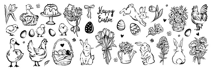 Spring Easter doodle set, hand drawn holiday cute bunny illustration seasonal whimsical flower print. Countryside animals and birds, tulip bouquet, festive eggs, funny rabbit. Easter cartoon doodle