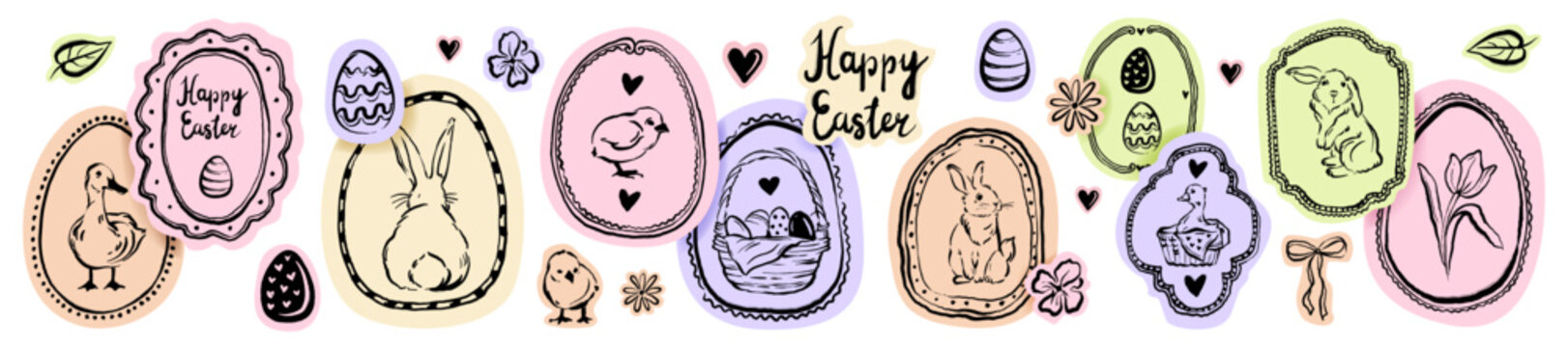 Easter doodle stickers, spring holiday decorative print, hand drawn cute bunny egg decoration art. Festival whimsical badge, cartoon seasonal animal, congratulation invitation graphic. Easter stickers