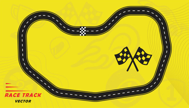 Creative vector illusion of race track isolated on yellow background. Speed race track design with creative icons.