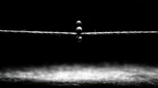 A miniature model of a tightrope with three balanced beads, showcasing extreme tension and delicate equilibrium.