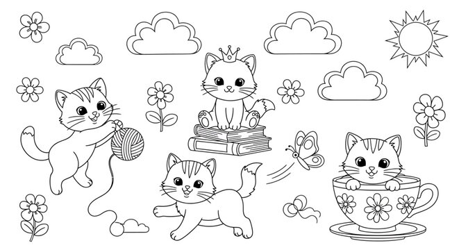 Cute cats in cup and clouds whimsical kitten line art.