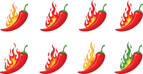 Obraz premium Red Chili Pepper with Fire Flames Illustration Set Vector Hot Spicy Food Icons and Capsicum Level Symbols for Restaurant Menu Mexican Cuisine and Scoville Scale