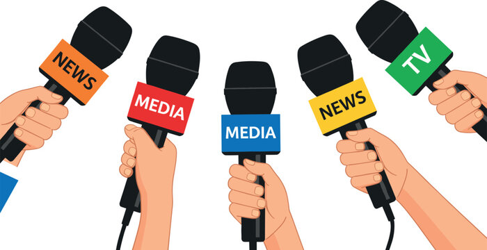 Hands holding professional microphones with news media and TV labels for press conference journalism broadcasting and public interviews.