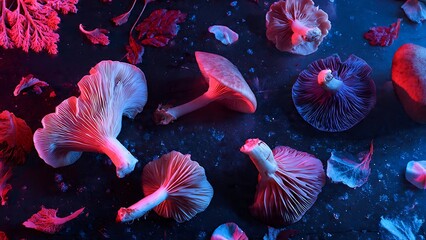 Vibrant Mushrooms Spread Across Dark Surface with Neon Lighting Effects