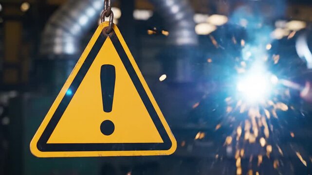 Warning sign hanging in an industrial setting with sparks flying and welding activity in the background