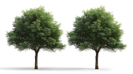 Obraz premium Two green leafy trees standing side by side in bright daylight minimalist nature background