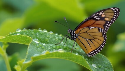 Obraz premium Close-Up View of Monarch Butterfly on Leaf with Morning Dew Drops