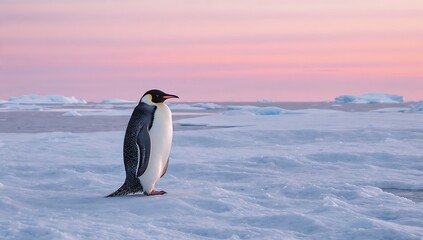 Obraz premium Emperor Penguin Standing Alone on Snowy Ice with Beautiful Pink Sky