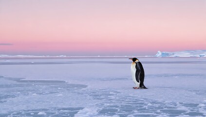 Obraz premium Elegant Emperor Penguin Standing Alone in Snowy Landscape at Dusk