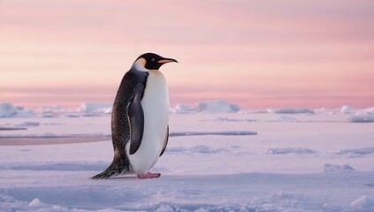 Obraz premium Emperor Penguin Standing on Ice Against a Colorful Winter Sunset Sky