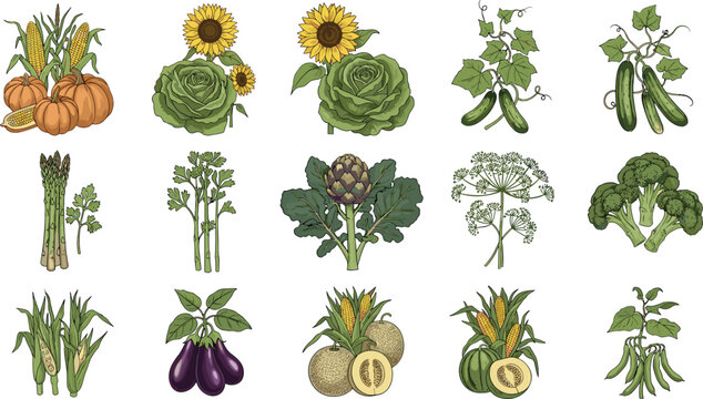Garden vegetables and flowers illustration set, pumpkin sunflower lettuce cucumber asparagus broccoli eggplant melon corn organic