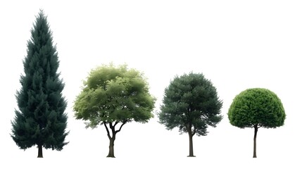 Four diverse trees isolated on white background digital illustration minimalist nature landscape design elements