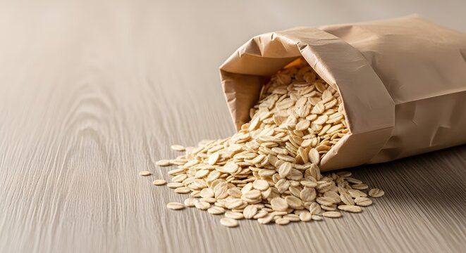 An open brown paper bag of cereal with wholesome oats spilled out onto a light wooden table, representing a healthy breakfast concept