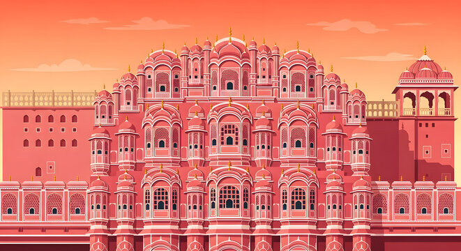 Hawa Mahal Jaipur Palace Facade at Sunset Flat Vector Illustration