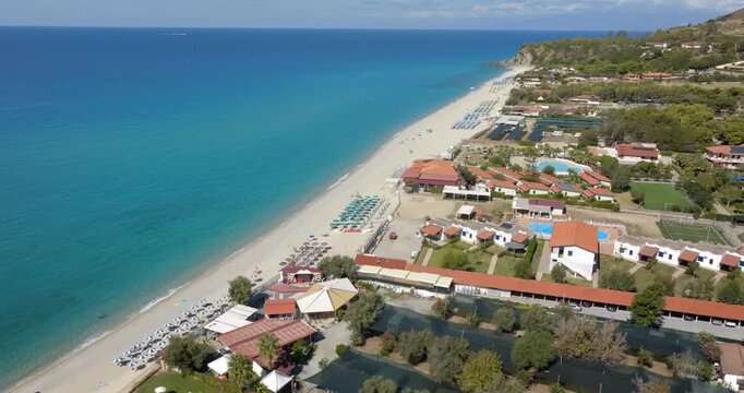 Aerial view of Zambrone Beach, located near Tropea, in province of Vibo Valentia, Calabria, southern Italy. This beautiful coastline overlooking the Tyrrhenian Sea is known as the Coast of the Gods.