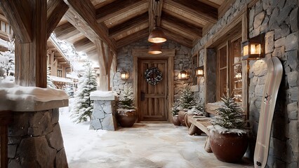 Cozy Chalet Entrance with Covered Porch and Winter Decor Accents