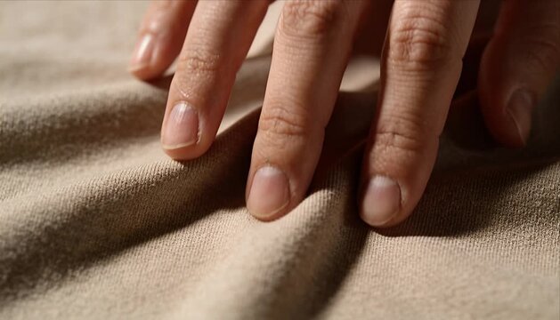 Gentle hand finger skin touch fabric macro texture soft textile surface closeup detail beige cloth comfort tactile warm minimalist scene tender feeling