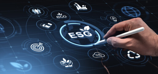 ESG concept interface with ecological, social, and governance icons on futuristic digital...