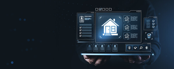 Futuristic digital interface displaying real estate property data and home search options held...