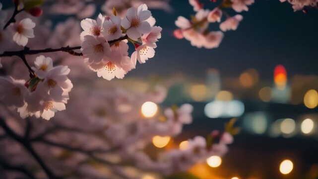 夜桜ライトアップ都市風景動画