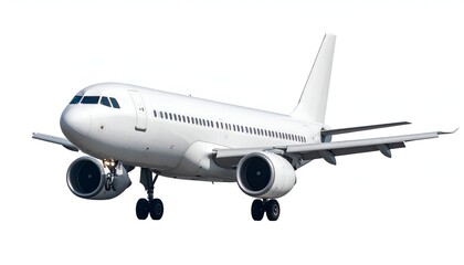 Fototapeta premium Side view of white commercial plane with landing gear descending on a white backdrop