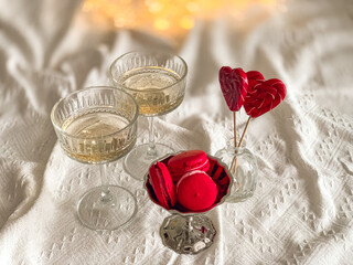 Vintage glasses and dessert. Valentine`s Day aesthetic