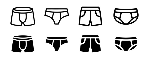 Men's underwear icon vector. Male fashion briefs, boxers, and trunks clothing symbol set. Vector illustration © Jakiya Graphics