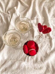 Vintage glasses and dessert. Valentine`s Day aesthetic