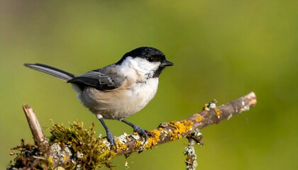 Obraz premium Small bird with black head perched on mossy branch with a green blurred background