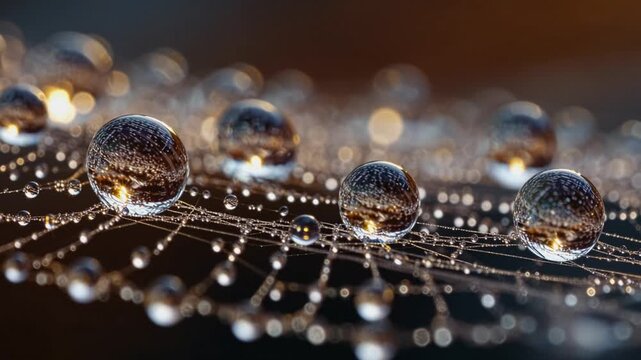 Extreme close-up of dew drops slowly evaporating from an intricate spider web at dawn with perfect spherical droplets, Generative AI Videos.