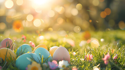 Easter eggs in grass background, eggs with pastel coloured eggs 