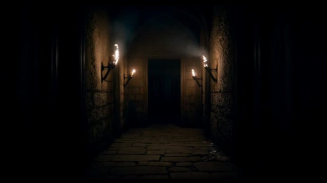 Mystical dark castle hallway lit by flickering torches creating an eerie atmosphere with stone walls and paved floor