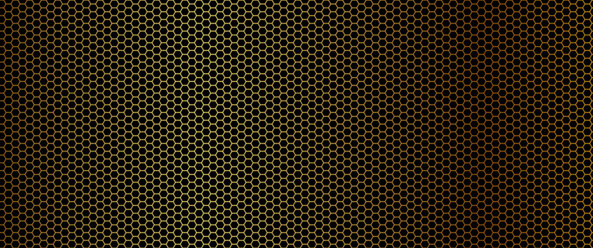 Golden hexagonal mesh on black background. Vector luxury metal honeycomb pattern with gold glow effect. Modern technological carbon texture and futuristic dark geometric backdrop for premium design.