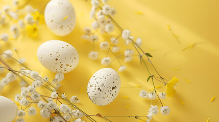 Easter eggs on yellow background Easter banner 