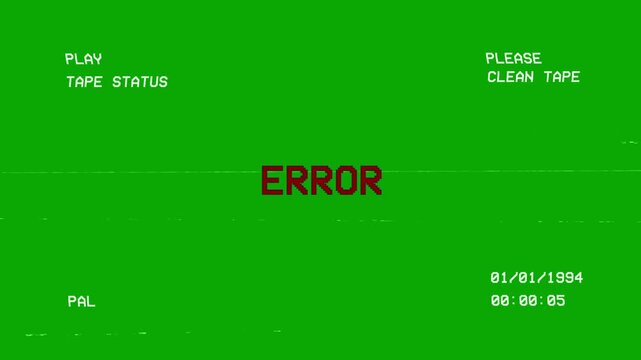Analog VHS error visuals with broken signal artifacts on green screen background. Created as an overlay to simulate playback failure. Ideal for glitch videos, retro errors, and damaged tape effects.