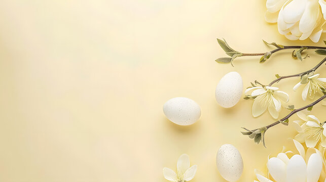 Easter eggs on yellow background top view, flat lay with eatsre eggs and branches 