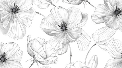 Seamless pattern with white flowers in black and white colours 