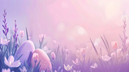 Background with pink eggs and flowers blurred bokeh texture 