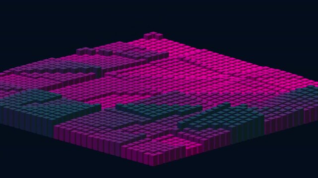 Procedural 3D data grid visualizing market volatility and high-frequency trading. Erratic bar chart peaks representing financial instability. Seamless loop, 4K UHD technical visualization of big data.