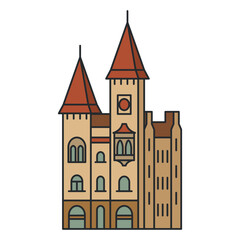 Obraz premium Historic building with towers and pointed roofs in cartoon style. Illustration. Object isolated on white background.