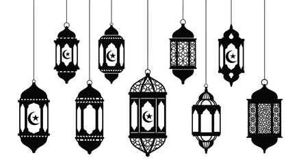 A collection of intricately designed hanging lanterns showcasing traditional islamic motifs presented as a striking silhouette high quality professional detailed modern elegant © GDSneha02