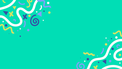Abstract vector background featuring colorful confetti and curved decorative shapes placed in opposite corners on a green background. Flat design suitable for celebration and decorative layouts.