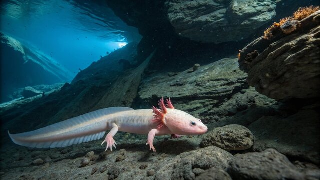 Rare and elusive Olm (Proteus anguinus) swimming in a dark underwater cave habitat.