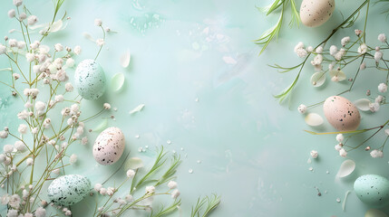 Easter background with eggs top view in green colour 