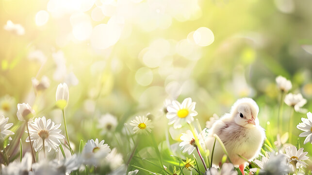 Easter chicks in the grass blurred green background 