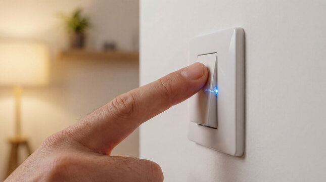 Hand flipping light switch with small electric spark close up house maintenance energy saving background copy space electricity home safety