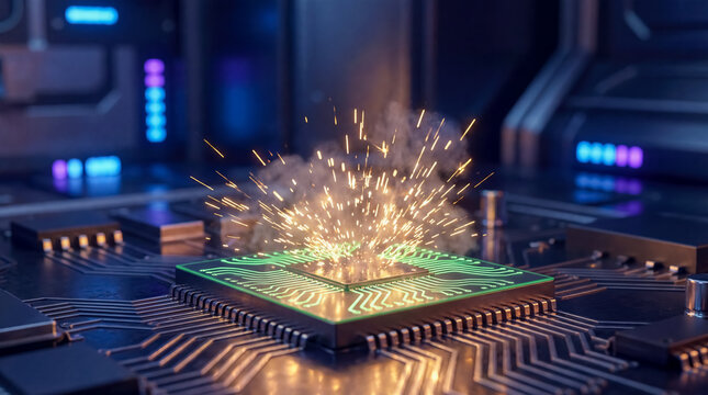 Digital circuit board short circuit with sparks macro technology failure hardware damage computer repair electronic breakdown future innovation background copy space data processor hardware