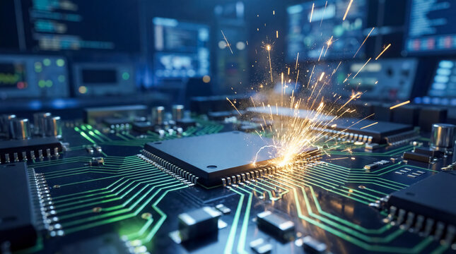 Digital circuit board short circuit with sparks macro technology failure hardware damage computer repair electronic breakdown future innovation background copy space data processor hardware